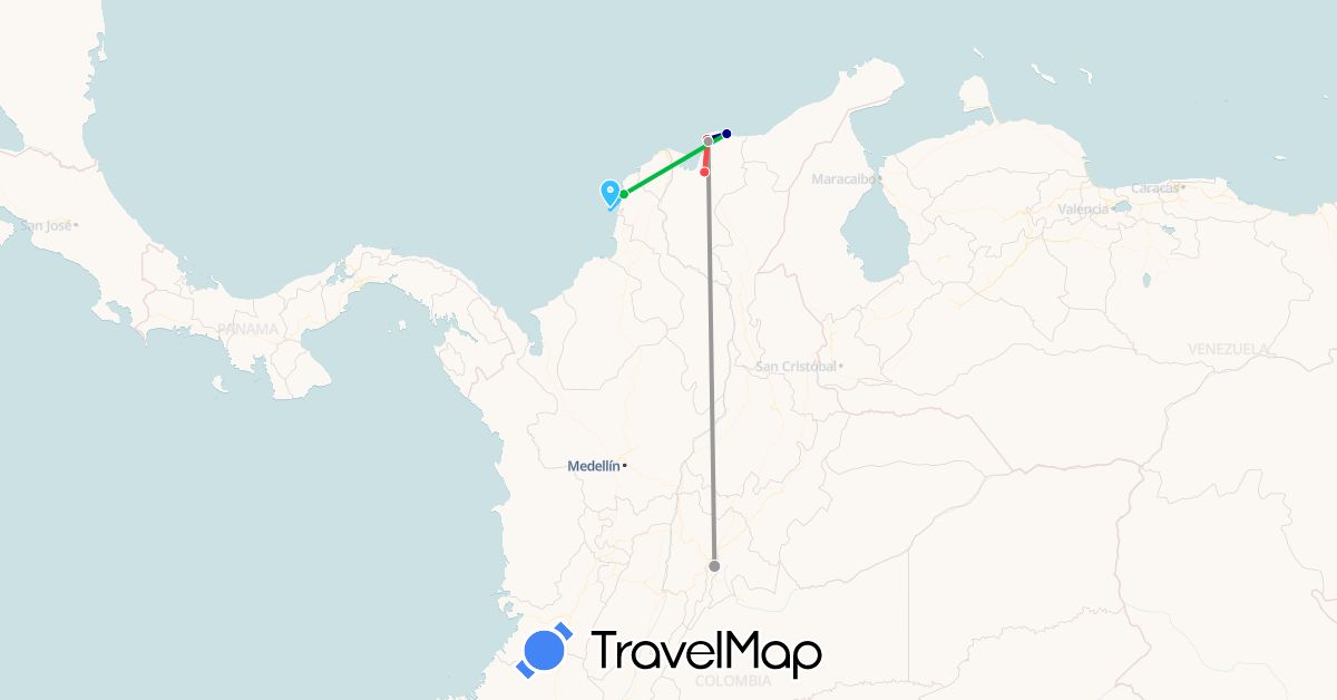 TravelMap itinerary: driving, bus, plane, hiking, boat in Colombia (South America)